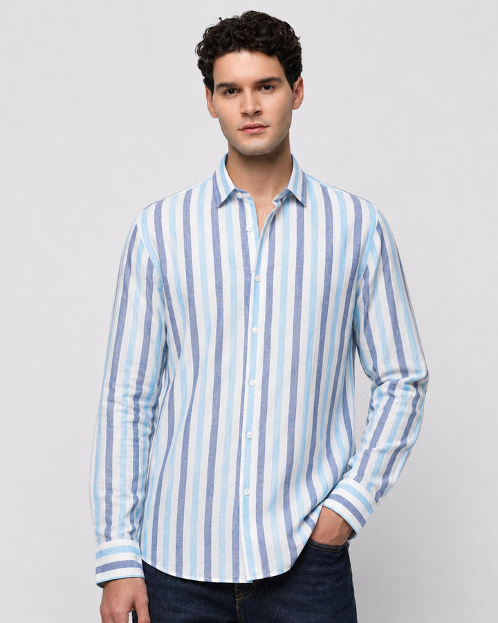 Pure Linen Stripe Shirt in Navy