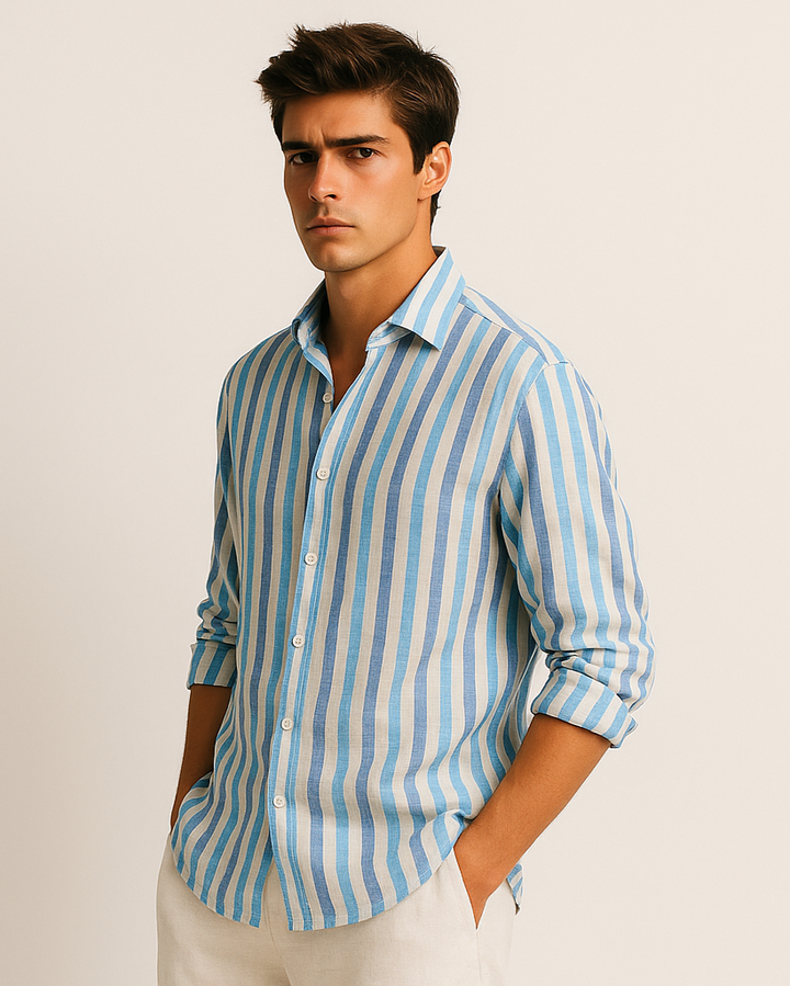 Pure Linen Stripe Shirt in Navy