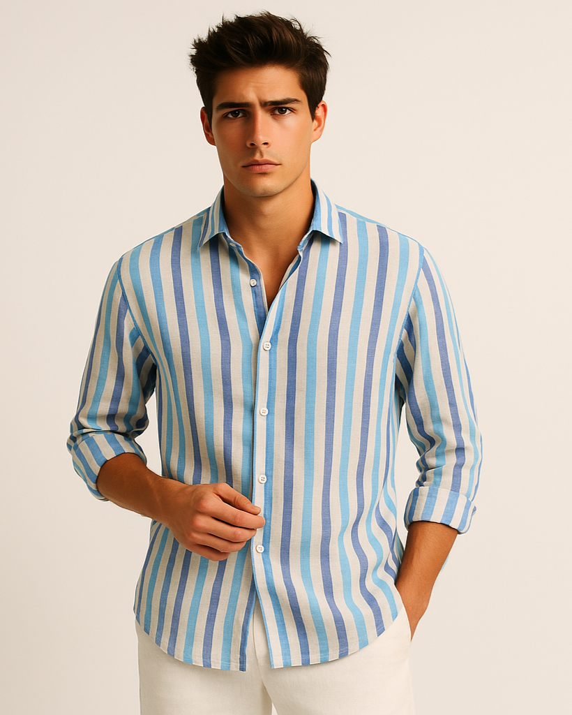 Pure Linen Stripe Shirt in Navy