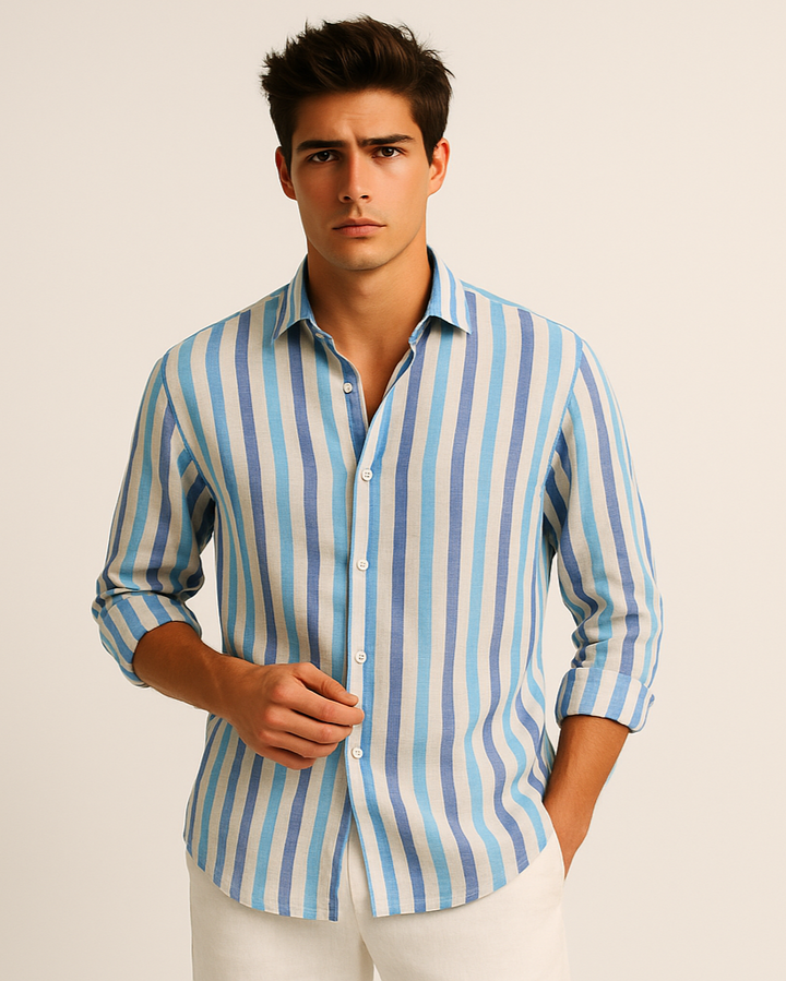Pure Linen Stripe Shirt in Navy