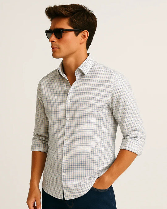 Fine Line Check Shirt in White - Wine & Cheese