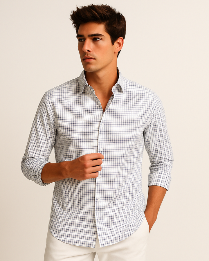 Fine Twill Check Shirt in White