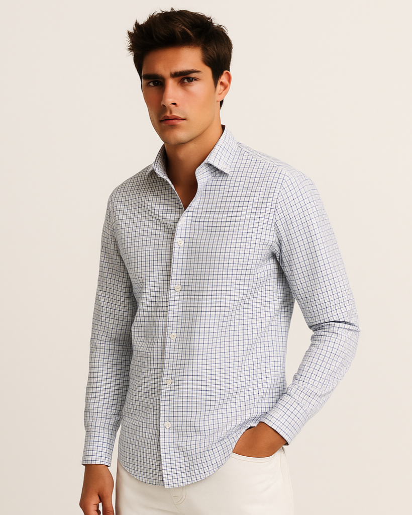 Fine Twill Check Shirt in White