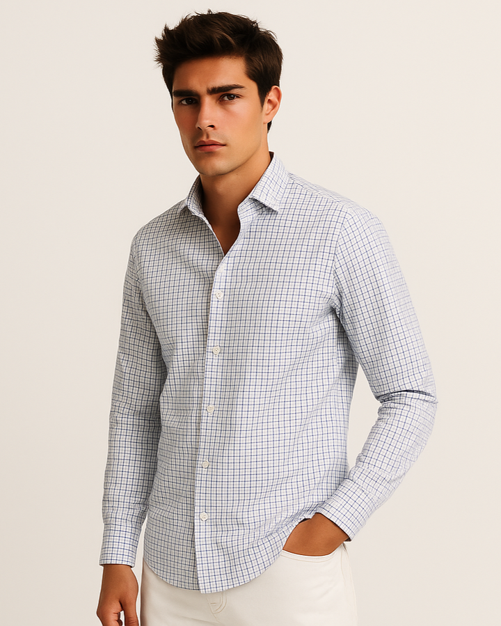 Fine Twill Check Shirt in White