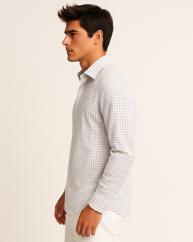 Fine Twill Check Shirt in White