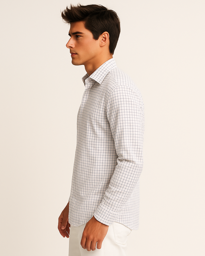Fine Twill Check Shirt in White