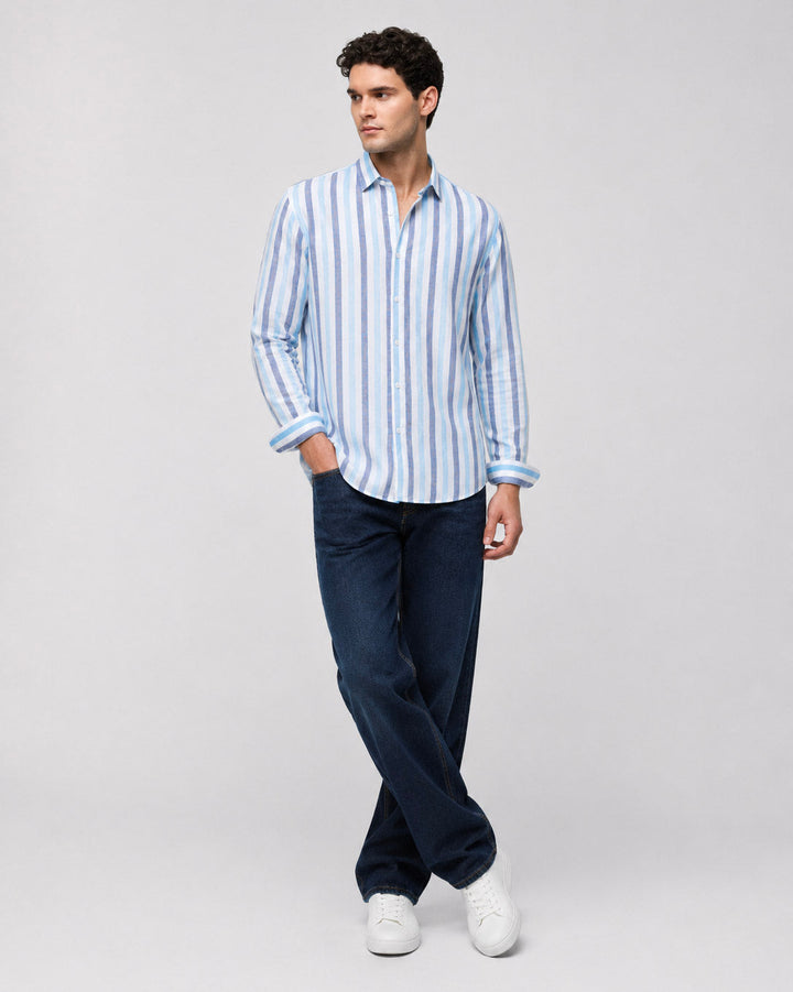 Pure Linen Stripe Shirt in Navy