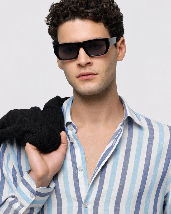Pure Linen Stripe Shirt in Navy