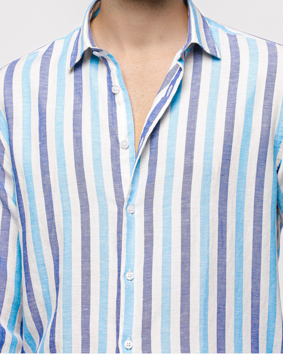 Pure Linen Stripe Shirt in Navy