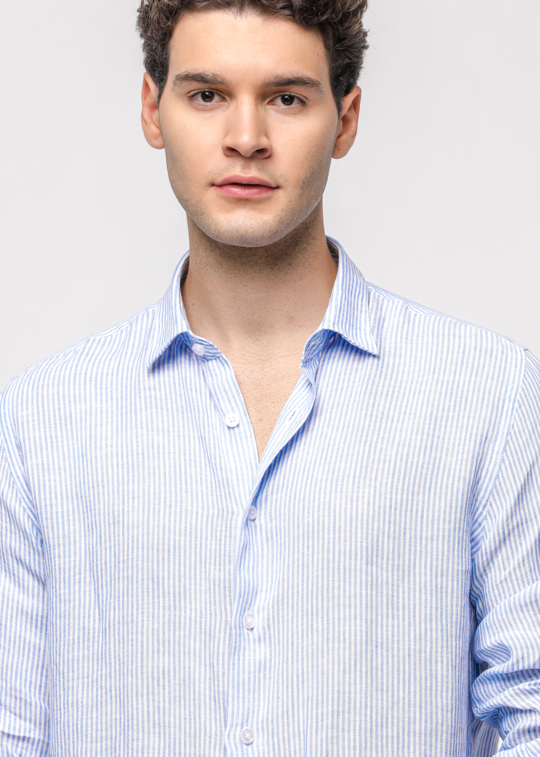 Pure Linen Stripe Shirt in Lt. Blue