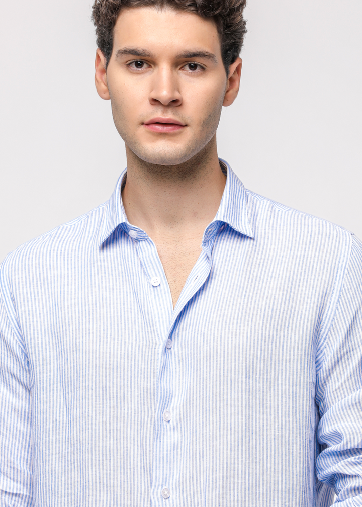 Pure Linen Stripe Shirt in Lt. Blue