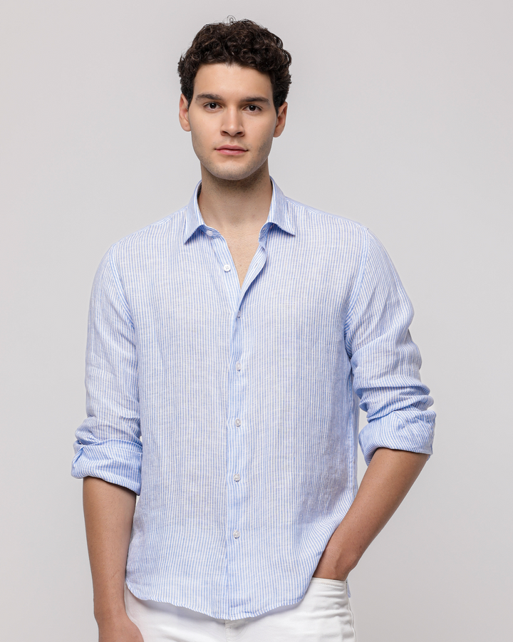 Pure Linen Stripe Shirt in Lt. Blue