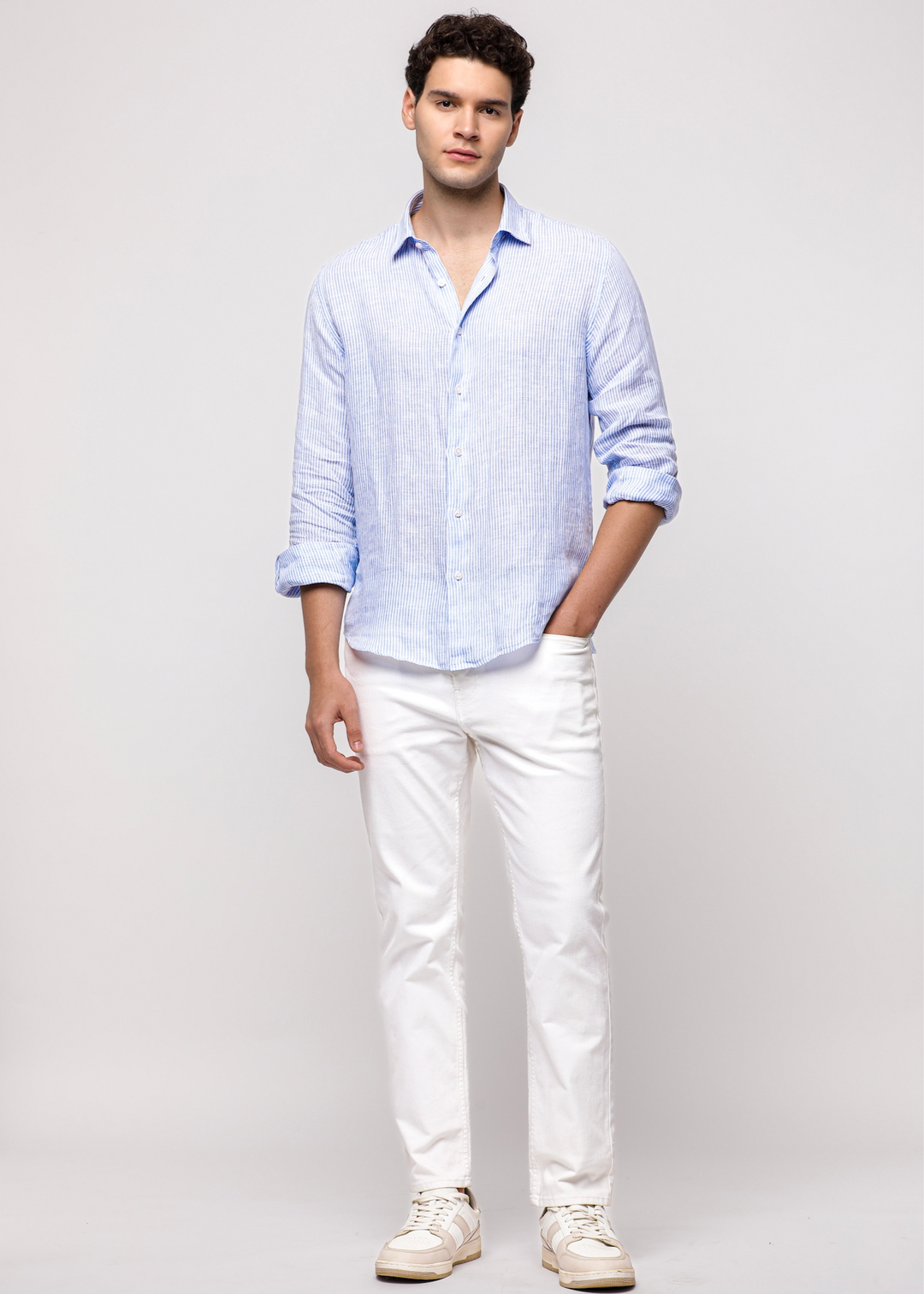 Pure Linen Stripe Shirt in Lt. Blue