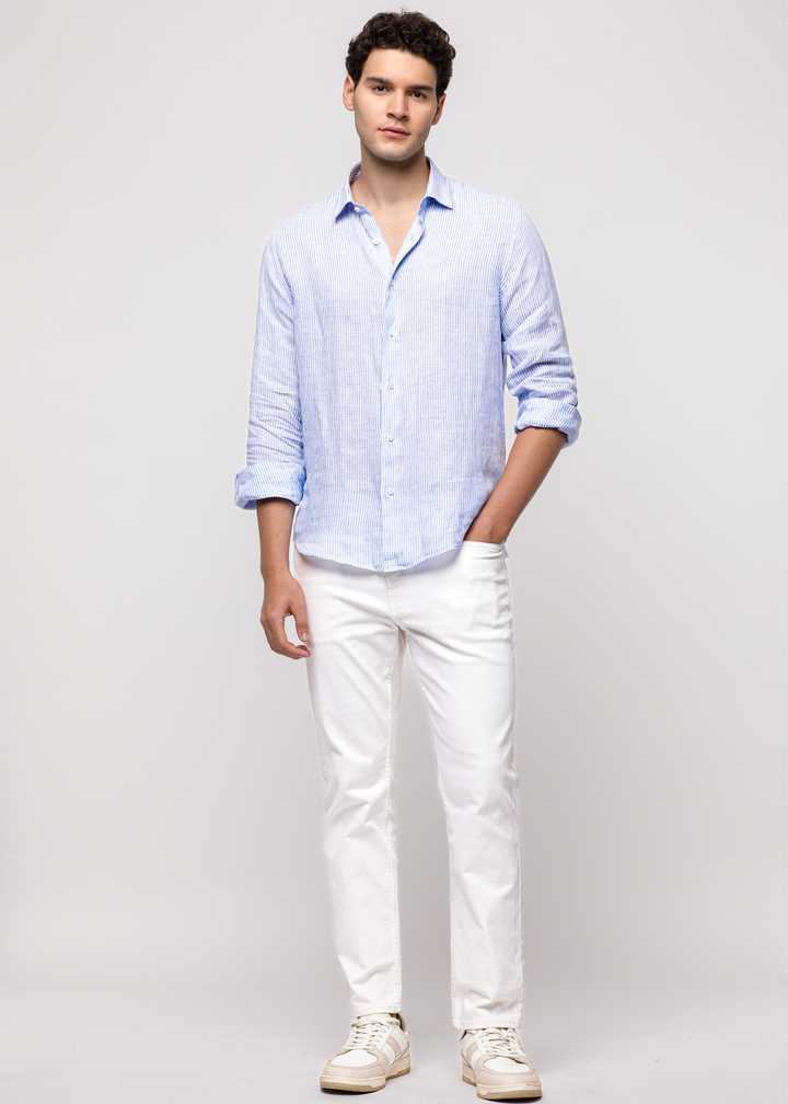 Pure Linen Stripe Shirt in Lt. Blue