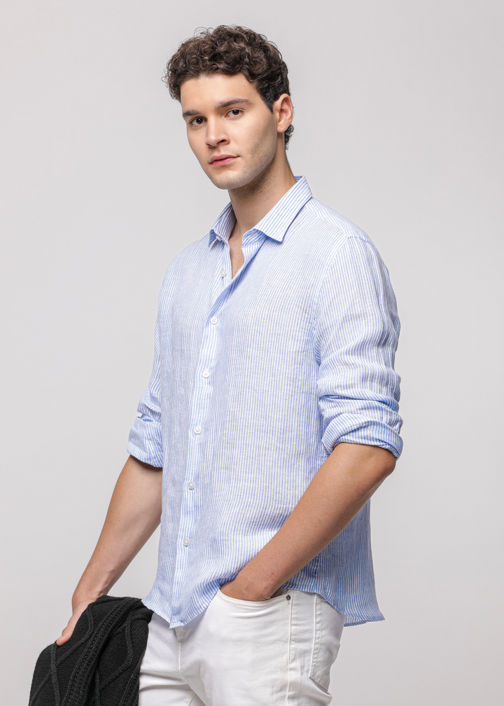 Pure Linen Stripe Shirt in Lt. Blue